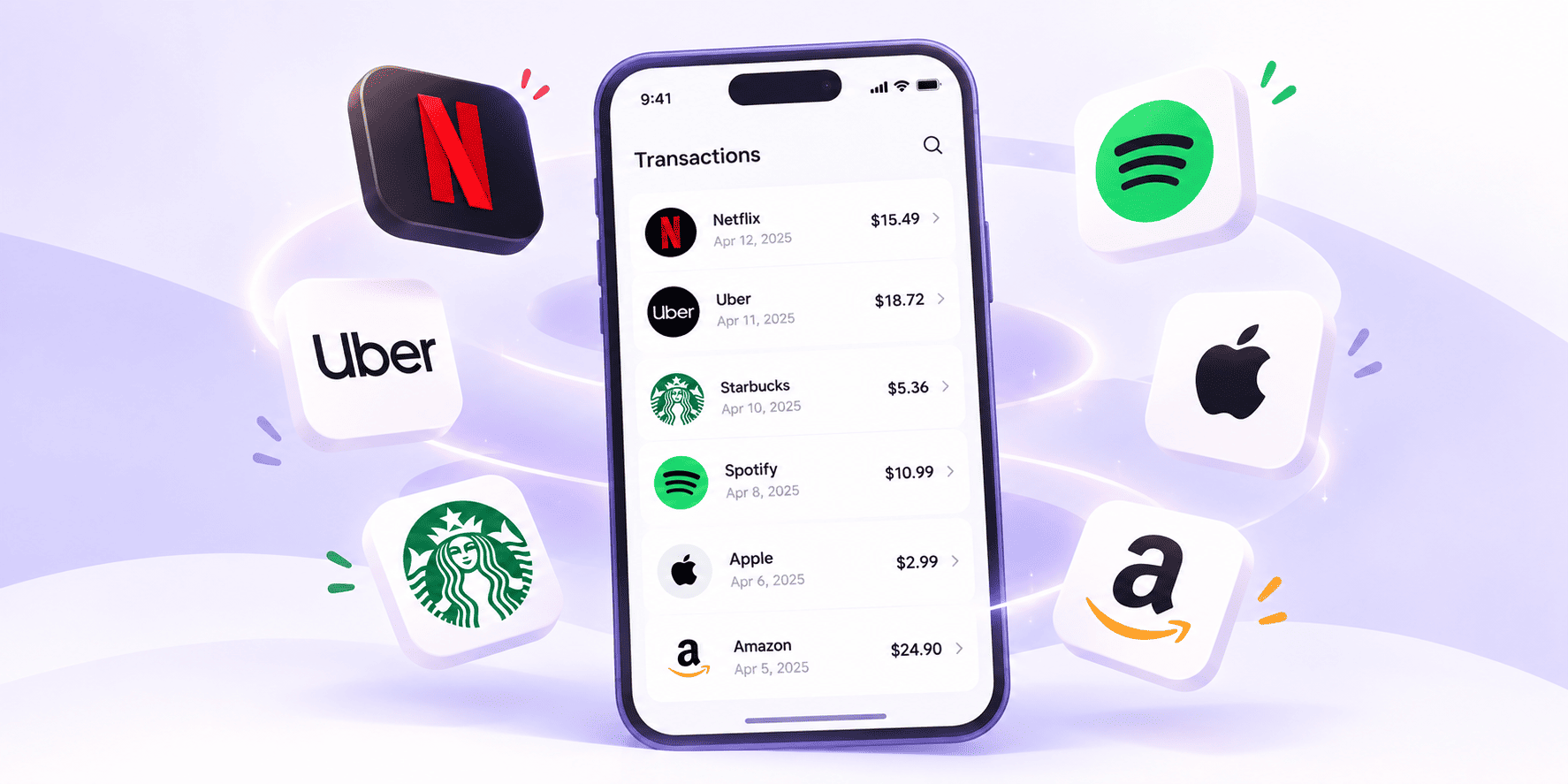 Moneko transaction list showing recognizable merchant logos for Netflix, Uber, Starbucks, Spotify, Apple, and Amazon