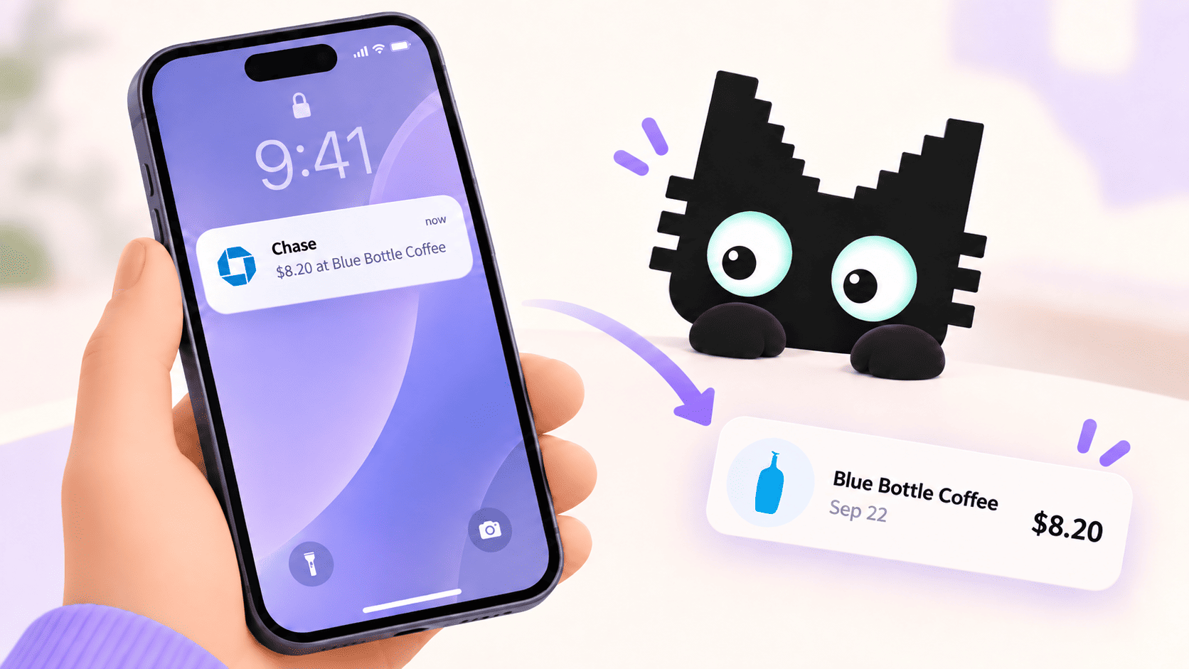 Moneko mascot beside an iPhone payment notification and the matching saved transaction