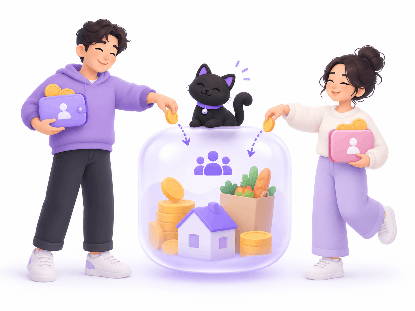 Two people adding coins to a shared Moneko Space containing a house and groceries, while each keeps a personal wallet
