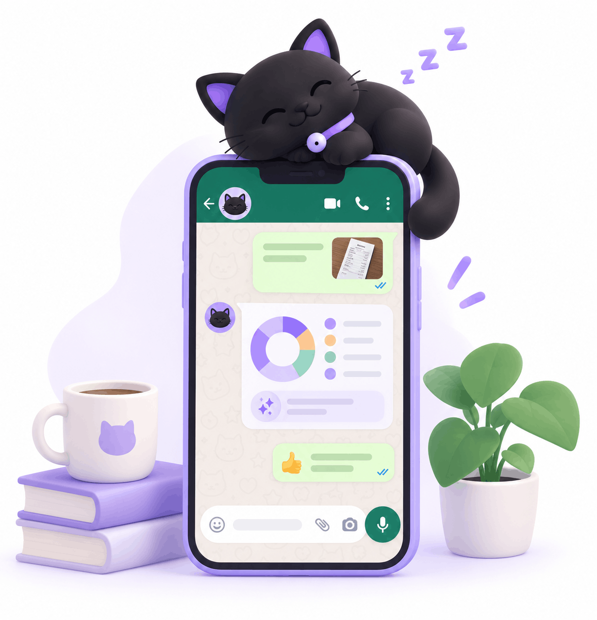 The Moneko cat sleeping on top of a phone showing an AI chat answering a money question with a spending chart